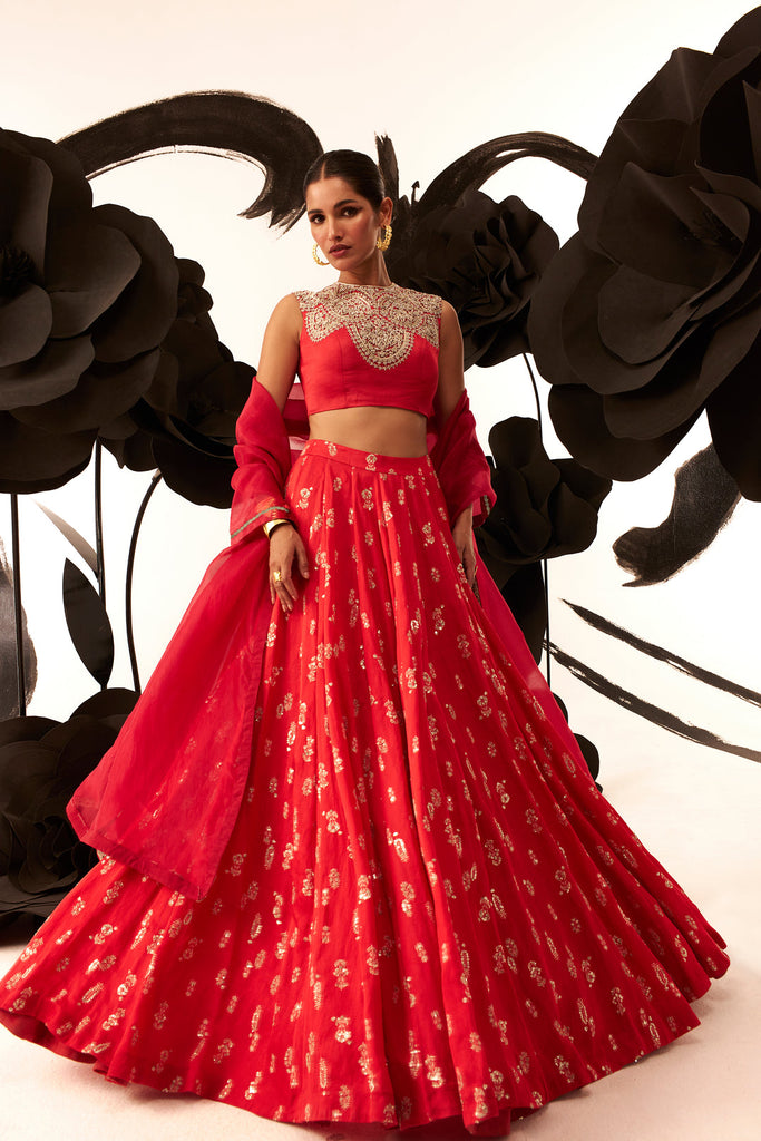 Red Floret Lehenga Set - MARKET