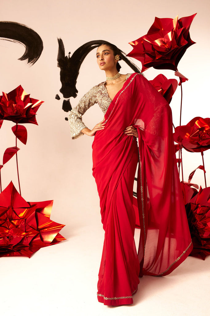 Red Saree with Embroidered Blouse - MARKET