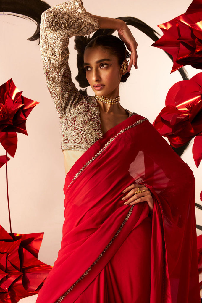 Red Saree with Embroidered Blouse - MARKET