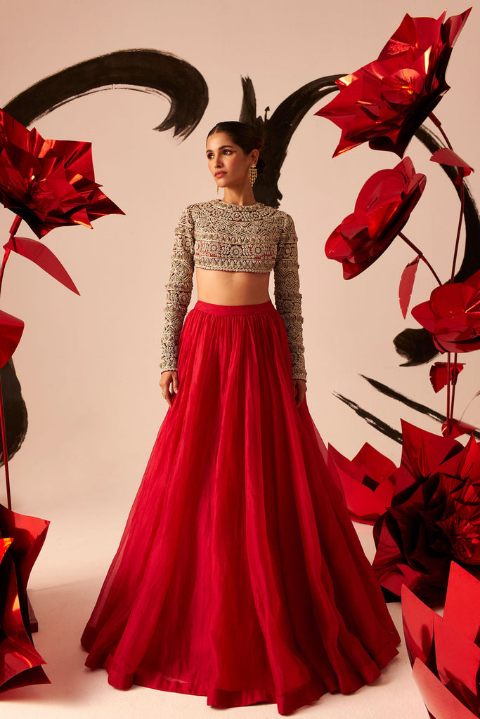 Floral Embroidered Blouse Lehenga Set - MARKET