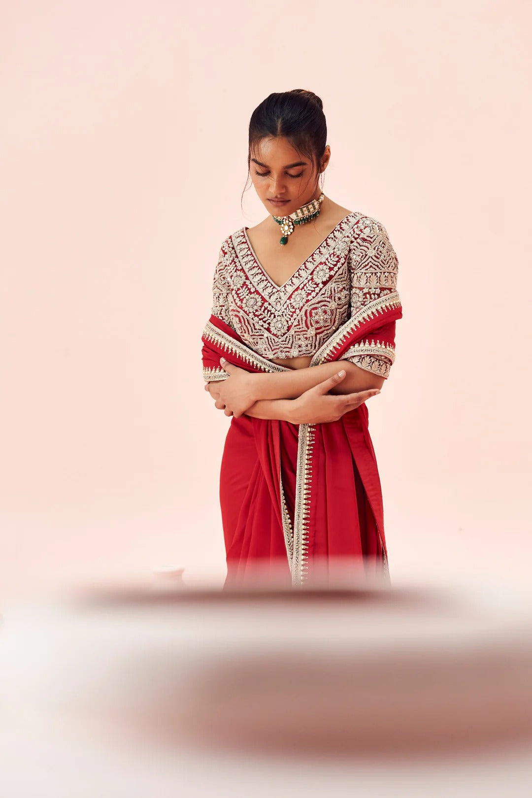 Ruby Red Saree with Embroidered Blouse - MARKET
