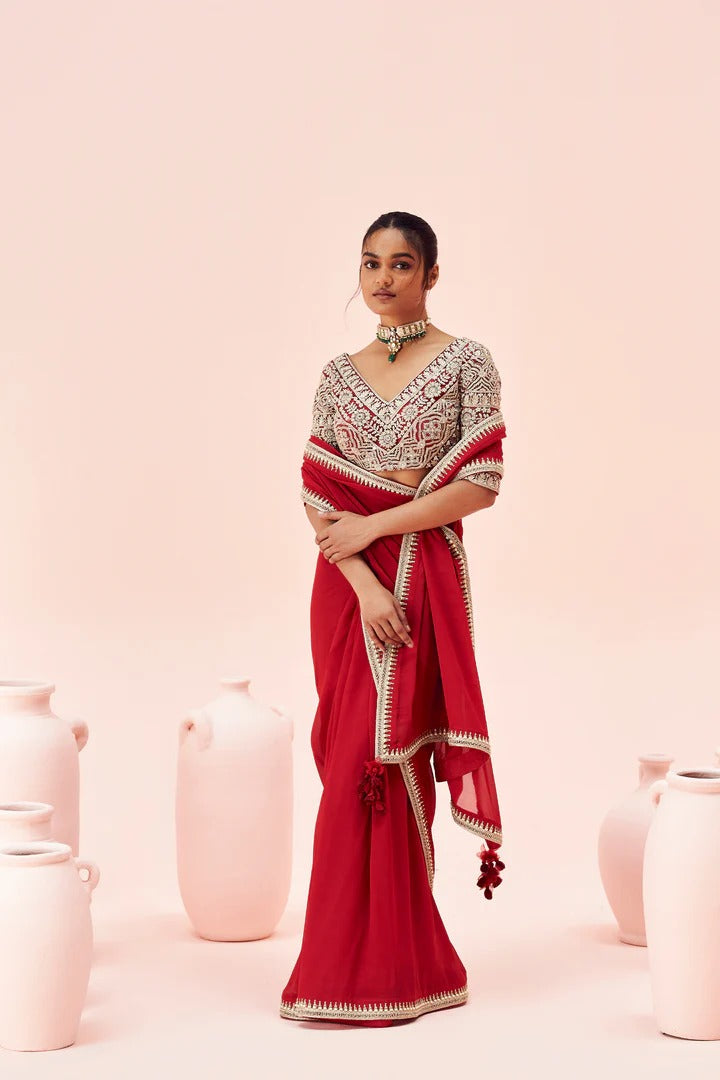Ruby Red Saree with Embroidered Blouse - MARKET