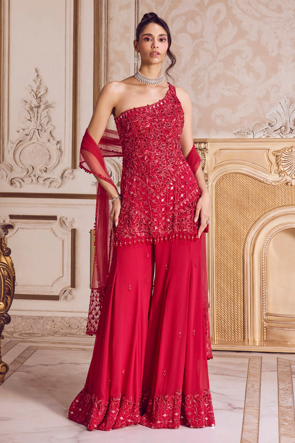 Magenta One Shoulder Kurta and Pants Set - MARKET