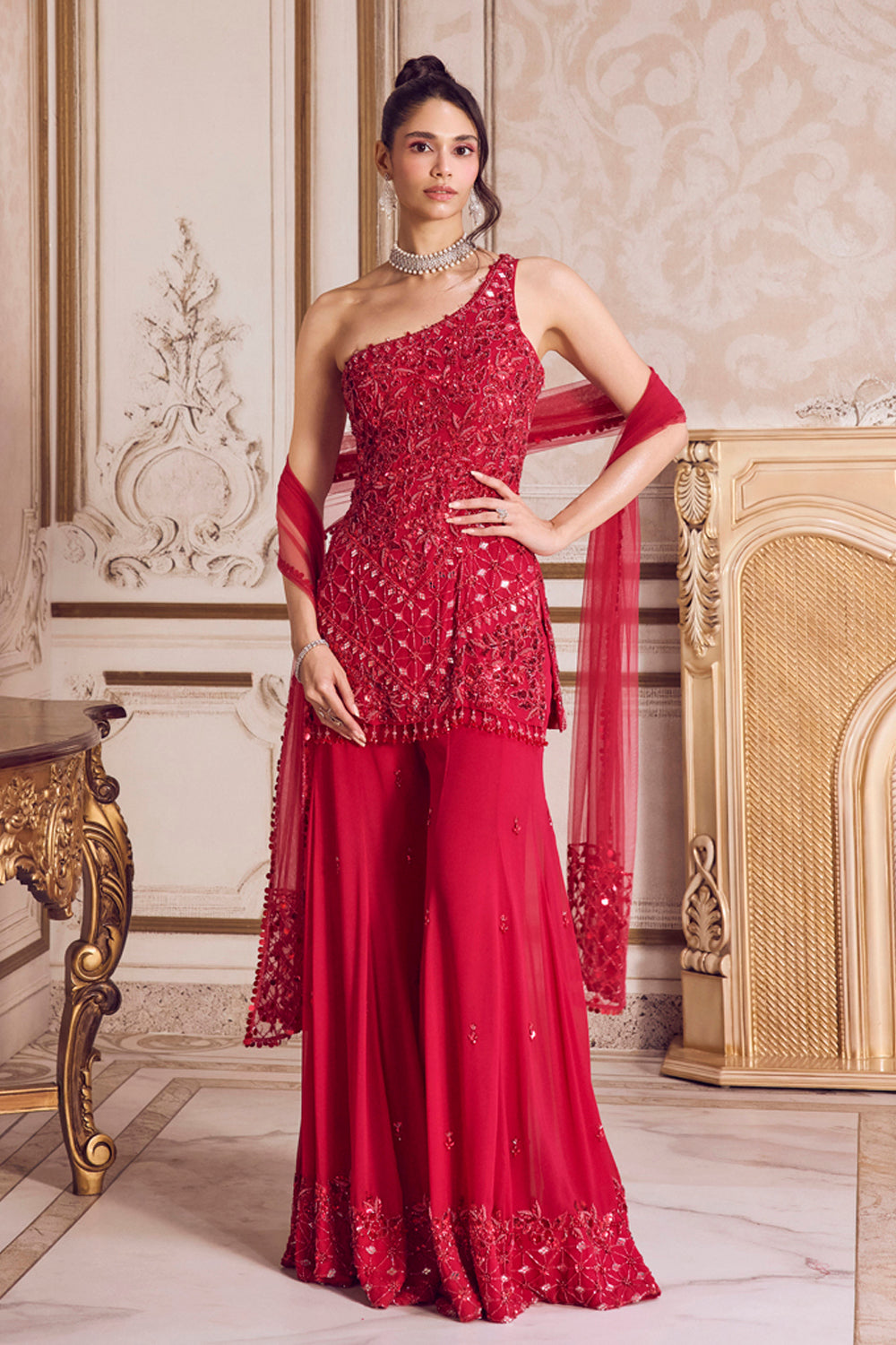 Magenta One Shoulder Kurta and Pants Set - MARKET