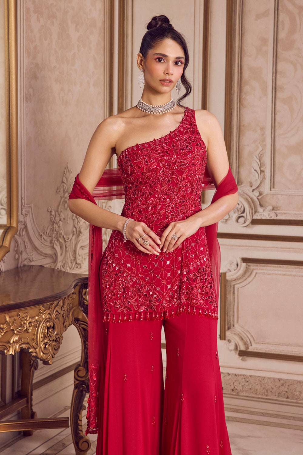 Magenta One Shoulder Kurta and Pants Set - MARKET