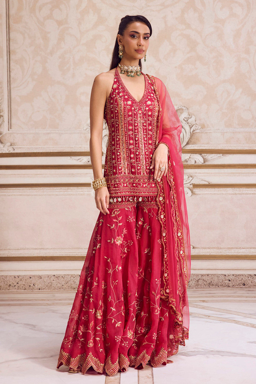 Magenta Halter Neck Kurta and Sharara Set - MARKET