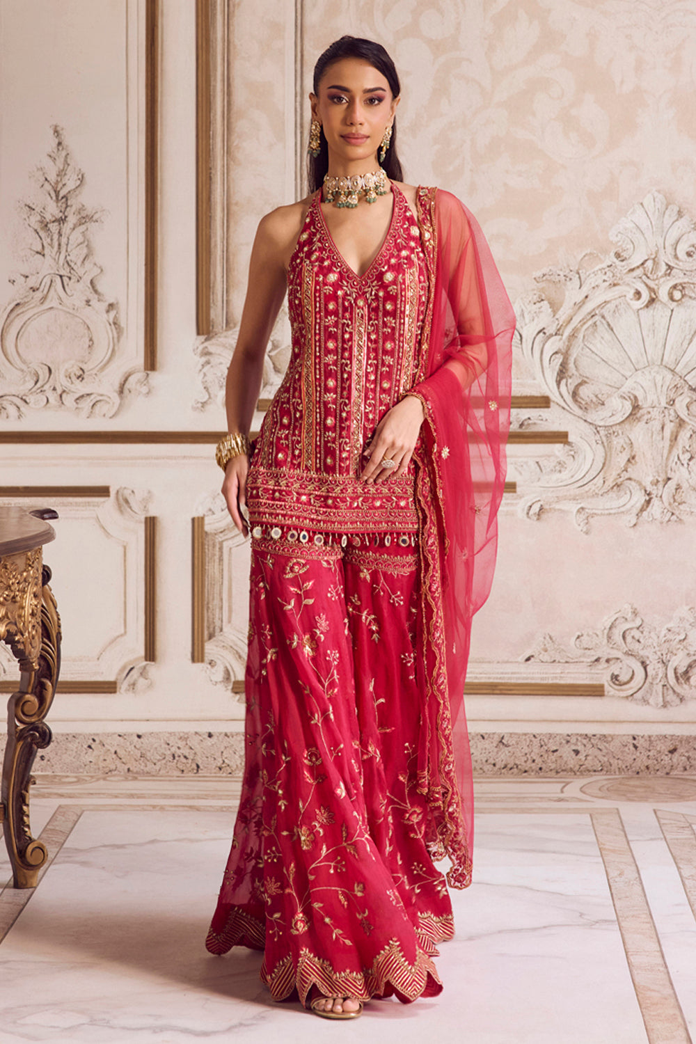 Magenta Halter Neck Kurta and Sharara Set - MARKET