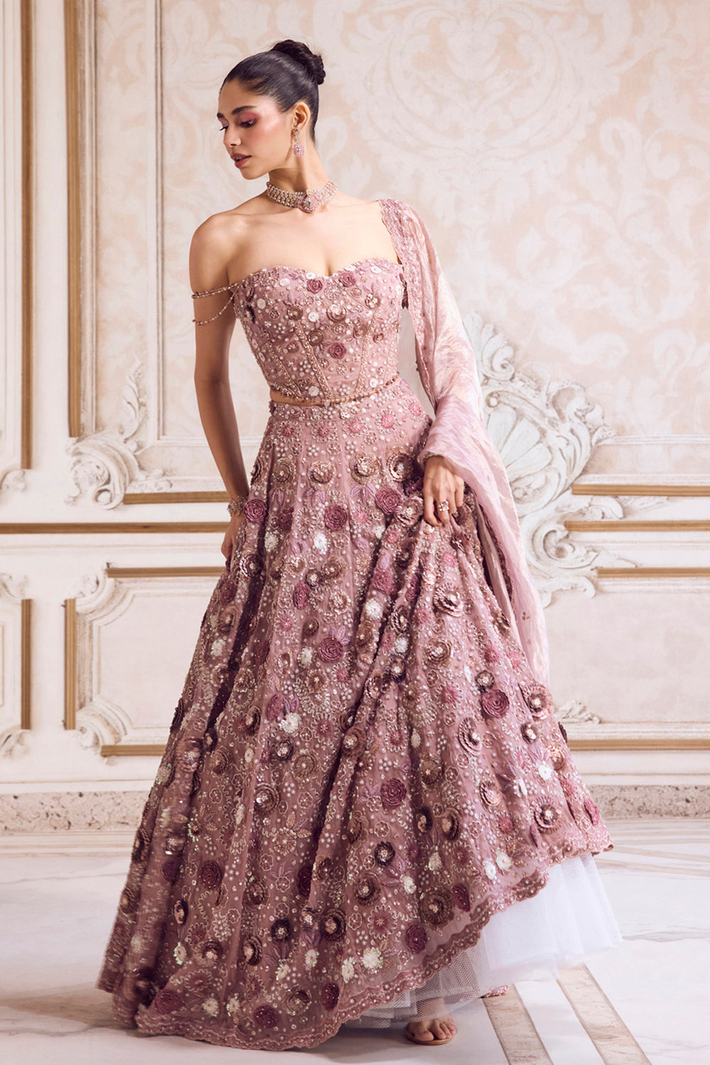 Champagne Rose Lehenga With Corset Set - MARKET