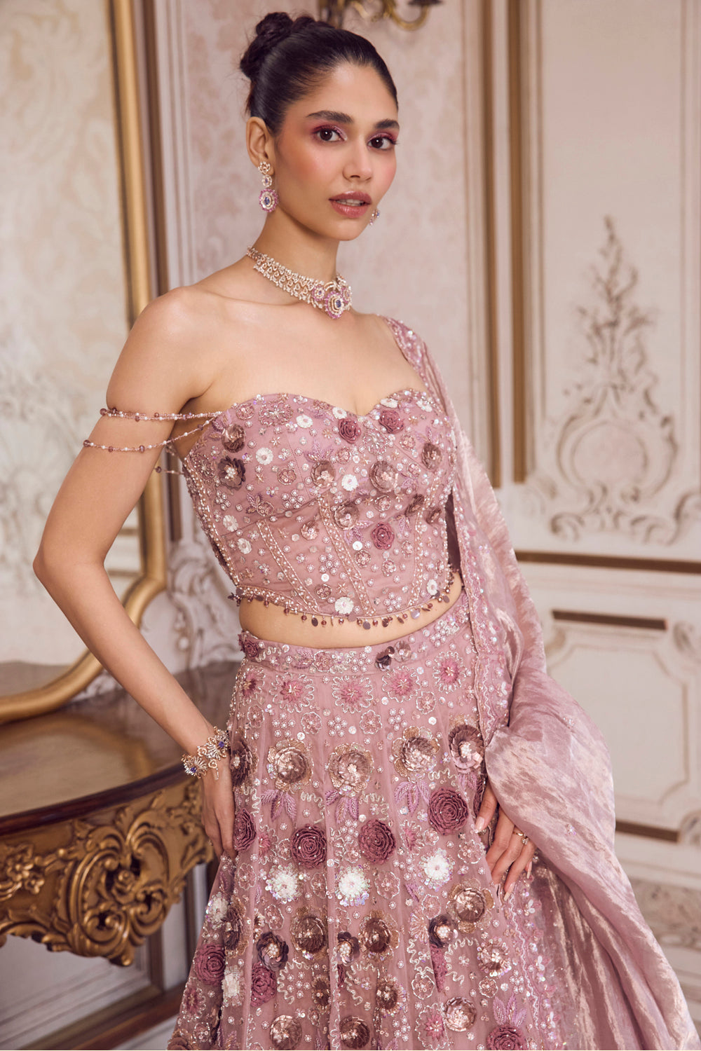 Champagne Rose Lehenga With Corset Set - MARKET