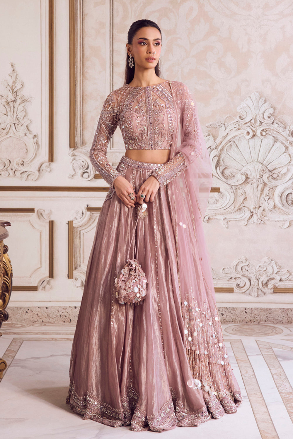 Champagne Rose Tissue Lehenga Set - MARKET