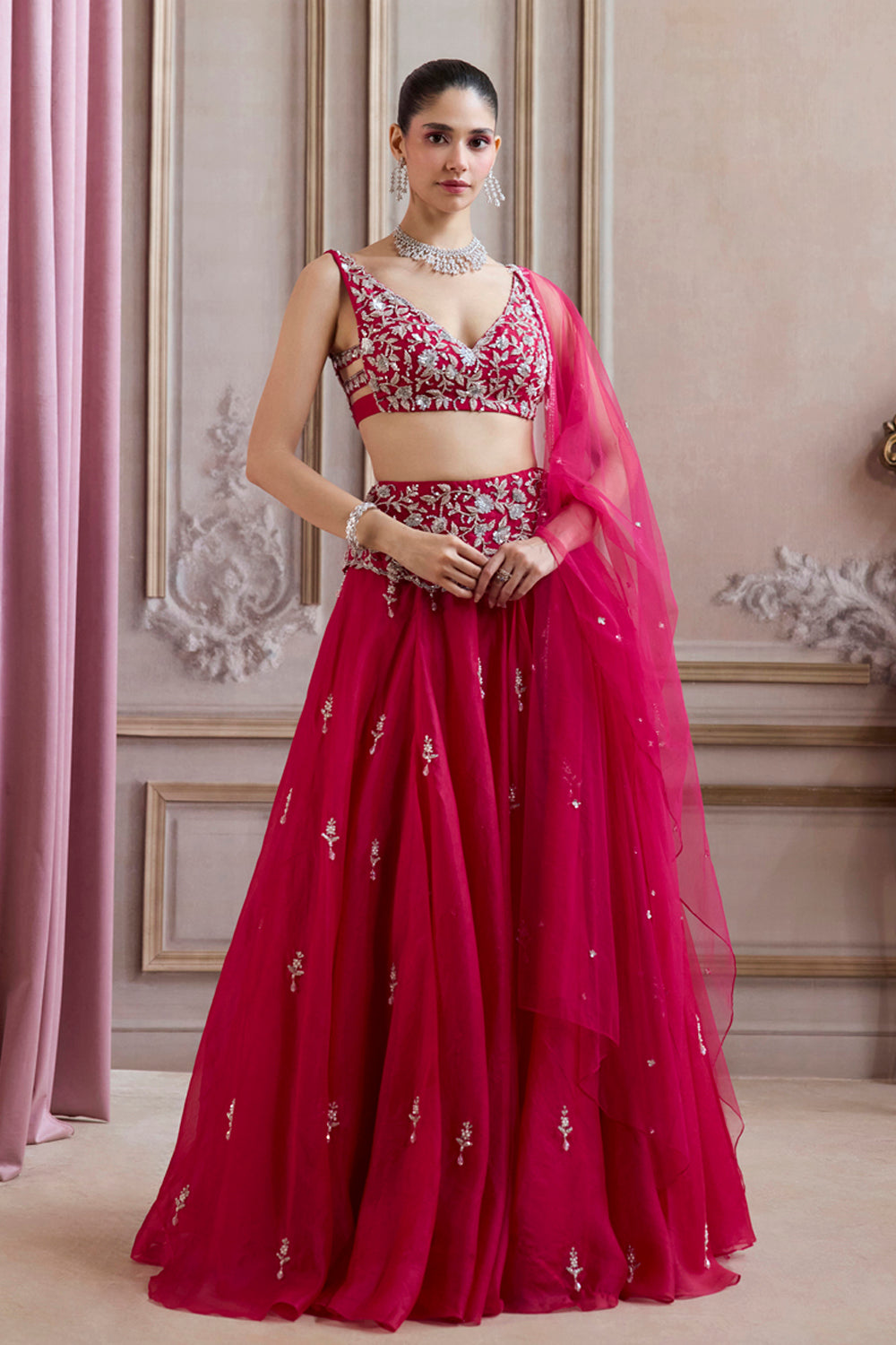 Magenta Organza Lehenga With Embroidered Belt - MARKET