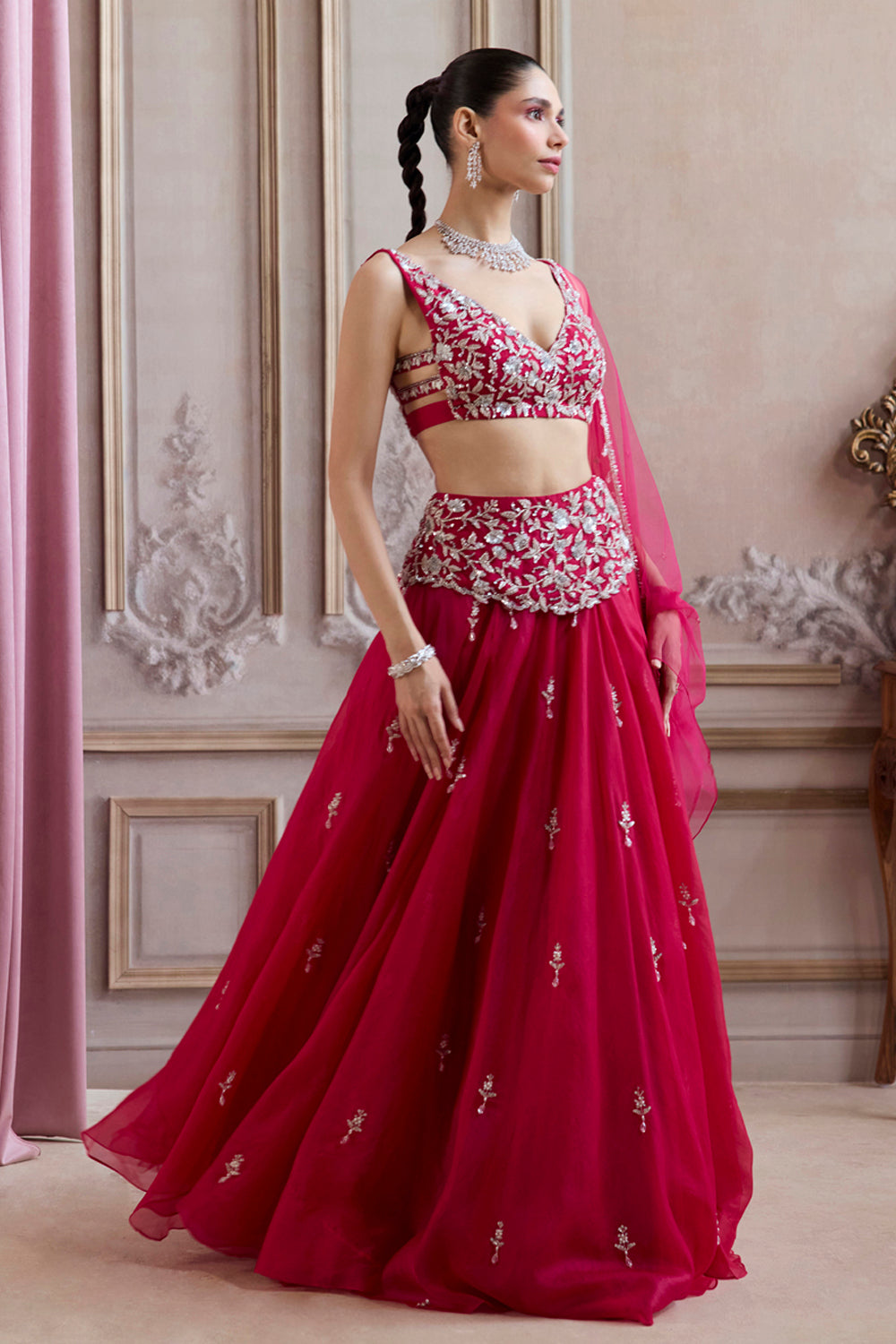 Magenta Organza Lehenga With Embroidered Belt - MARKET