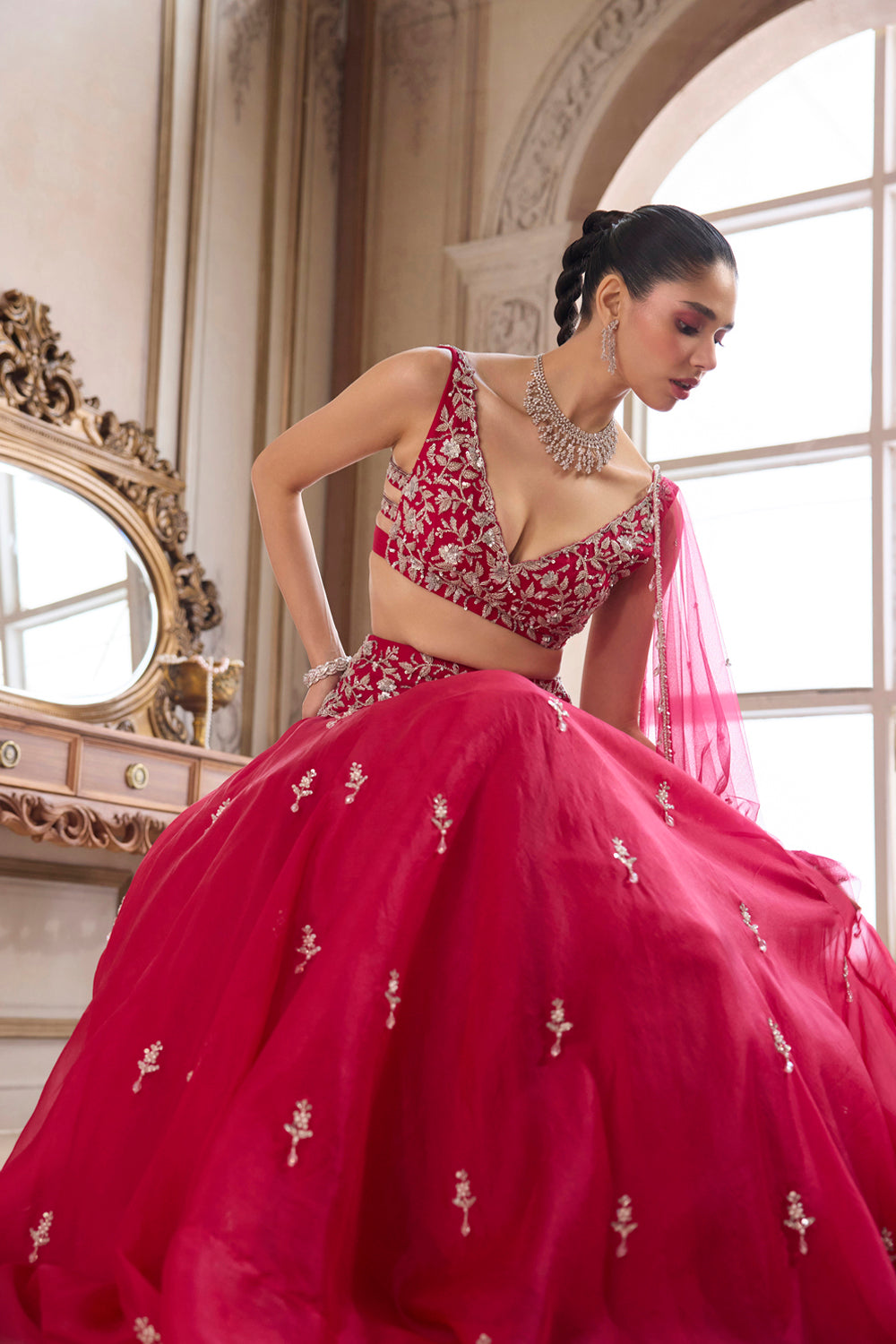 Magenta Organza Lehenga With Embroidered Belt - MARKET