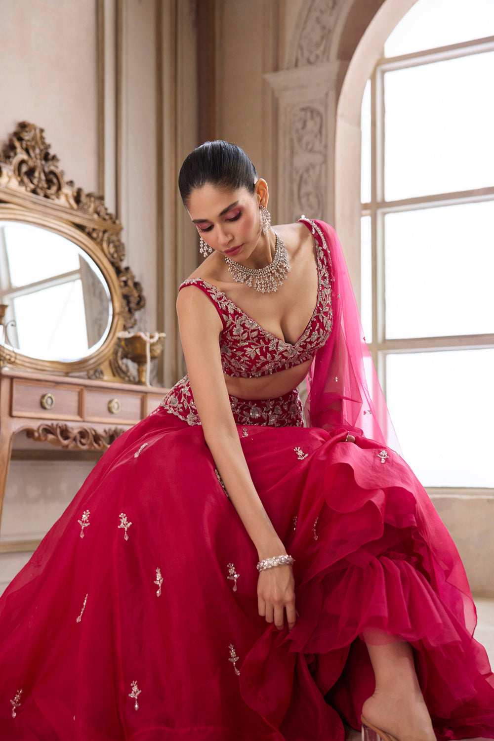 Magenta Organza Lehenga With Embroidered Belt - MARKET