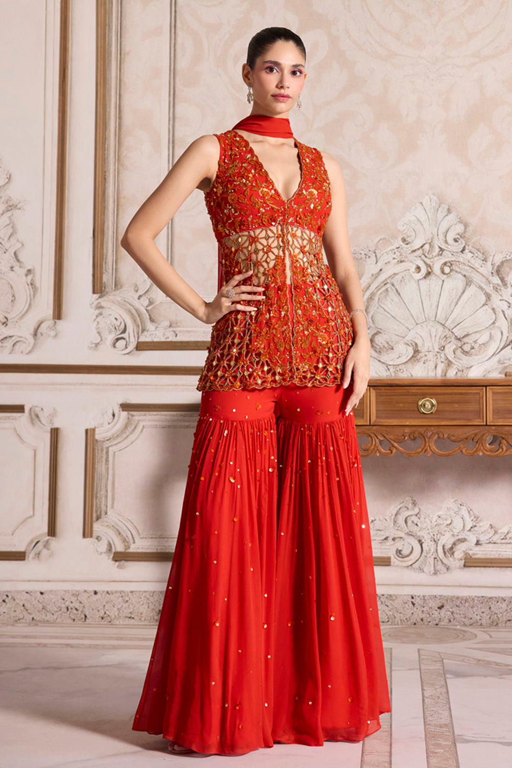 Rust Cutwork Peplum and Sharara Set - MARKET