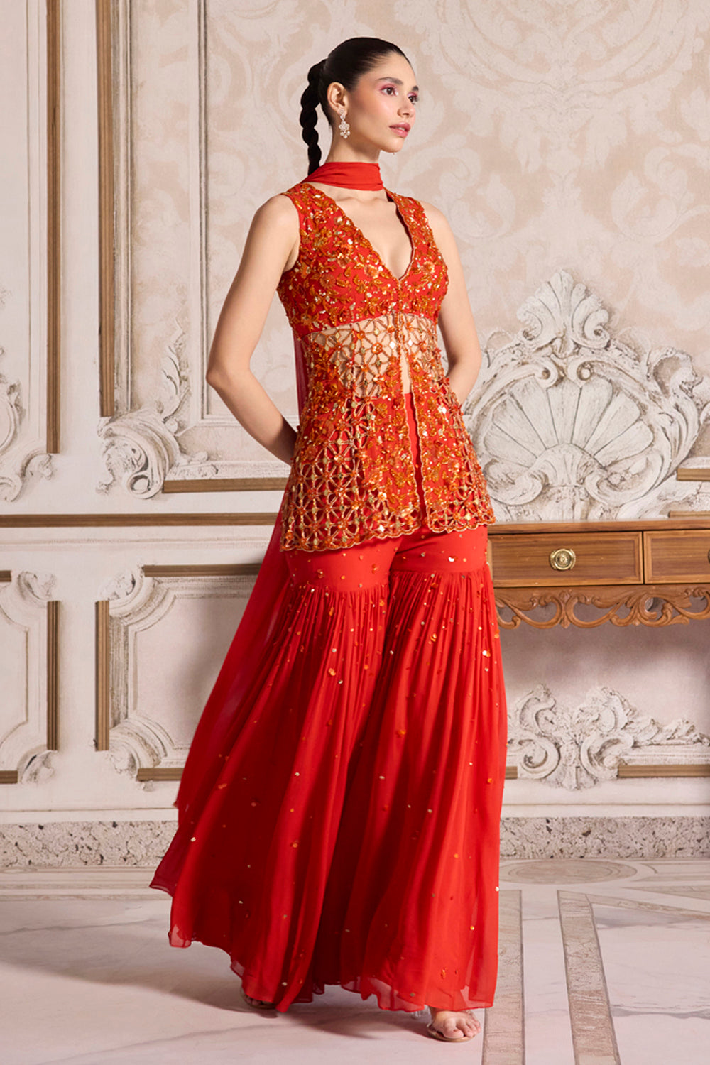 Rust Cutwork Peplum and Sharara Set - MARKET