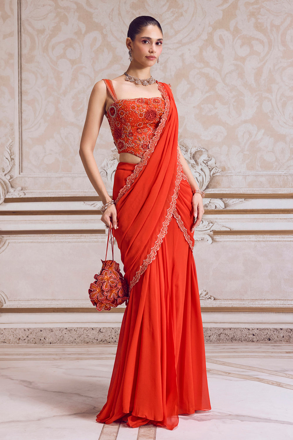 Rust Pre-Draped Saree and Corset - MARKET