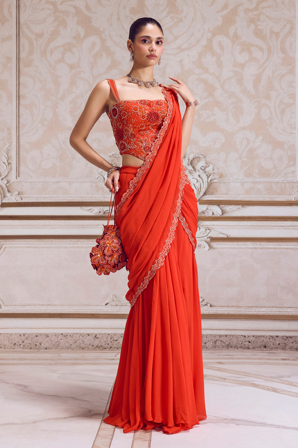 Rust Pre-Draped Saree and Corset - MARKET