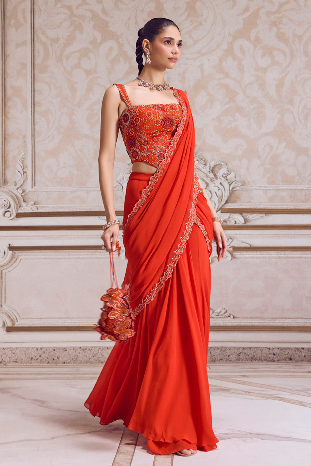 Rust Pre-Draped Saree and Corset - MARKET