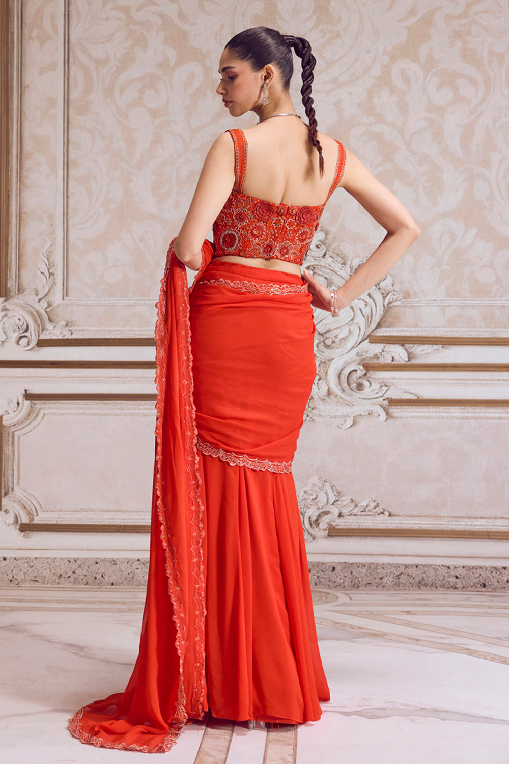 Rust Pre-Draped Saree and Corset - MARKET