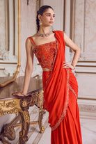 Rust Pre-Draped Saree and Corset - MARKET