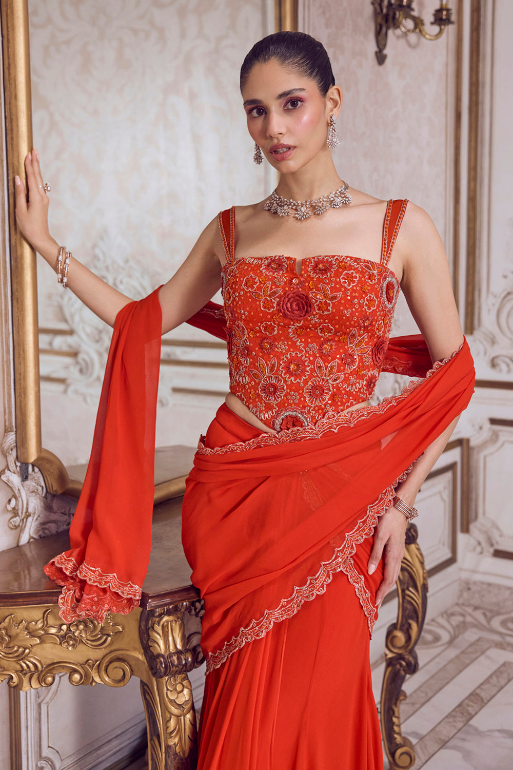 Rust Pre-Draped Saree and Corset - MARKET