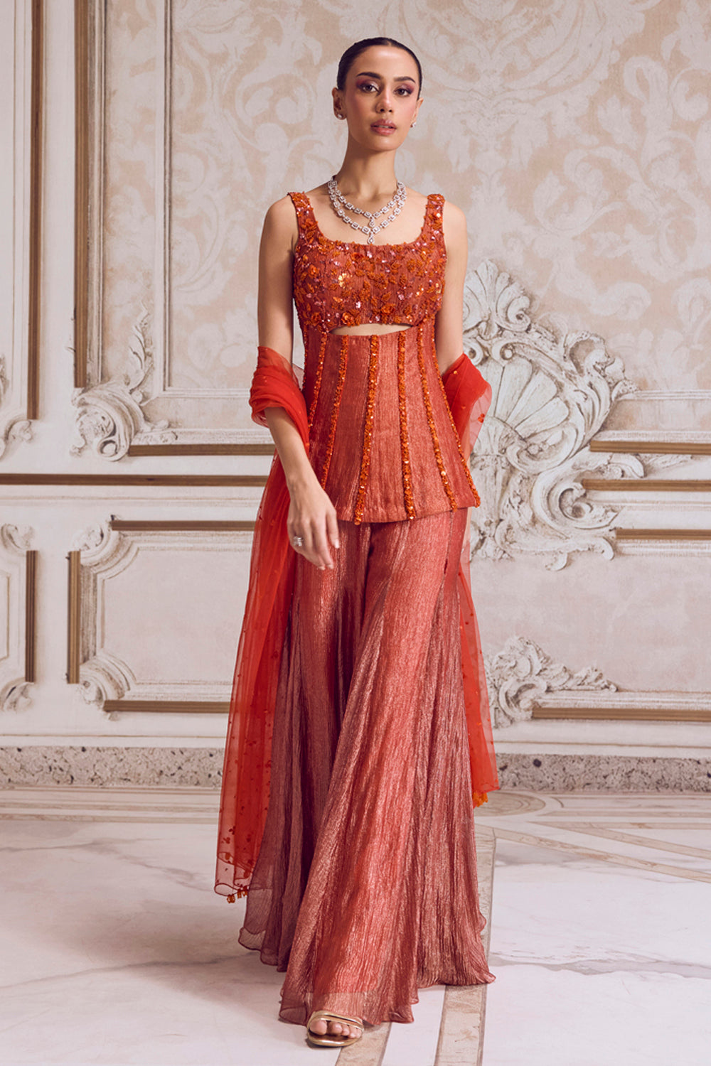 Rust Crushed Tissue Corset and Sharara Set - MARKET
