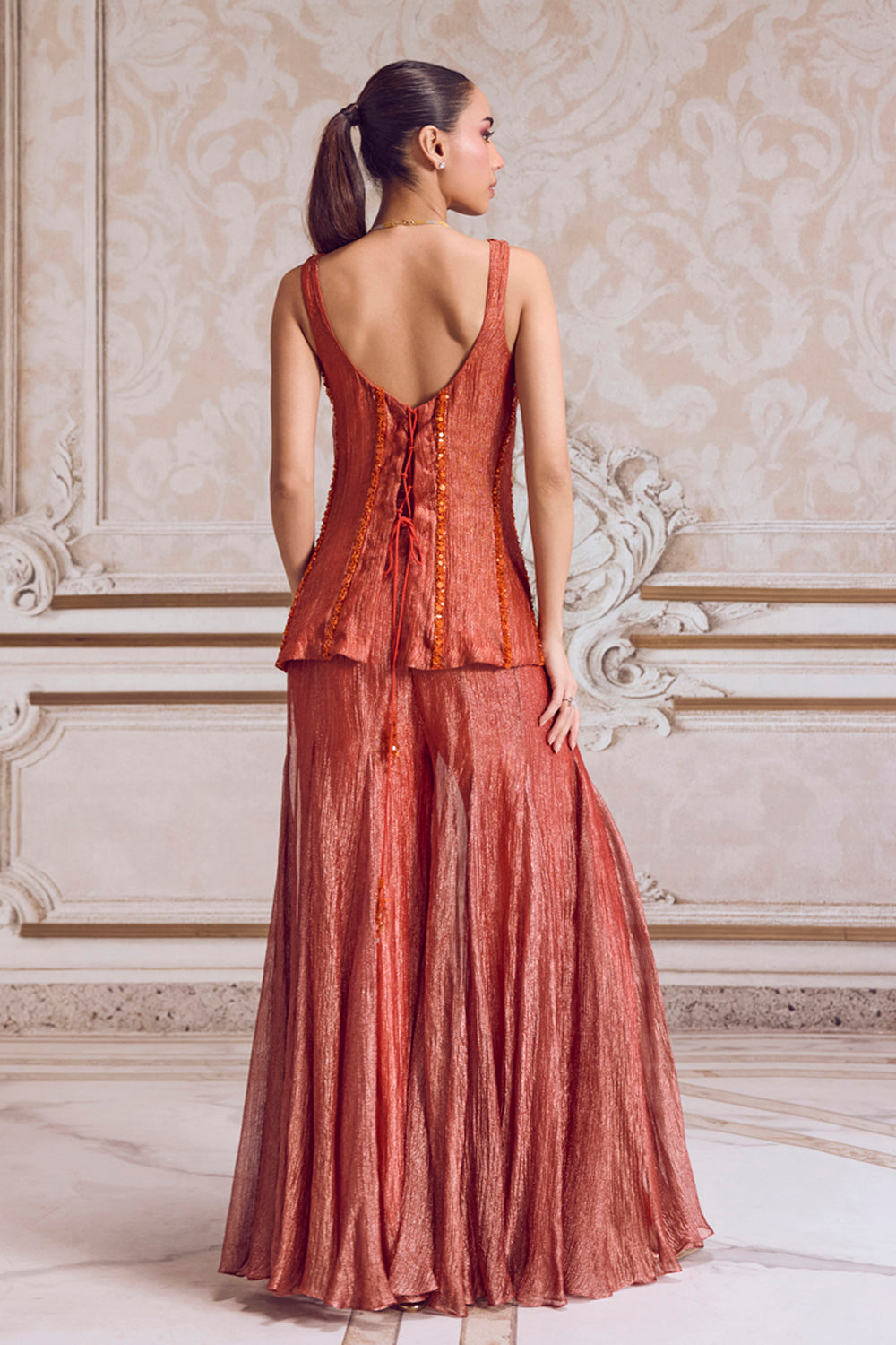 Rust Crushed Tissue Corset and Sharara Set - MARKET