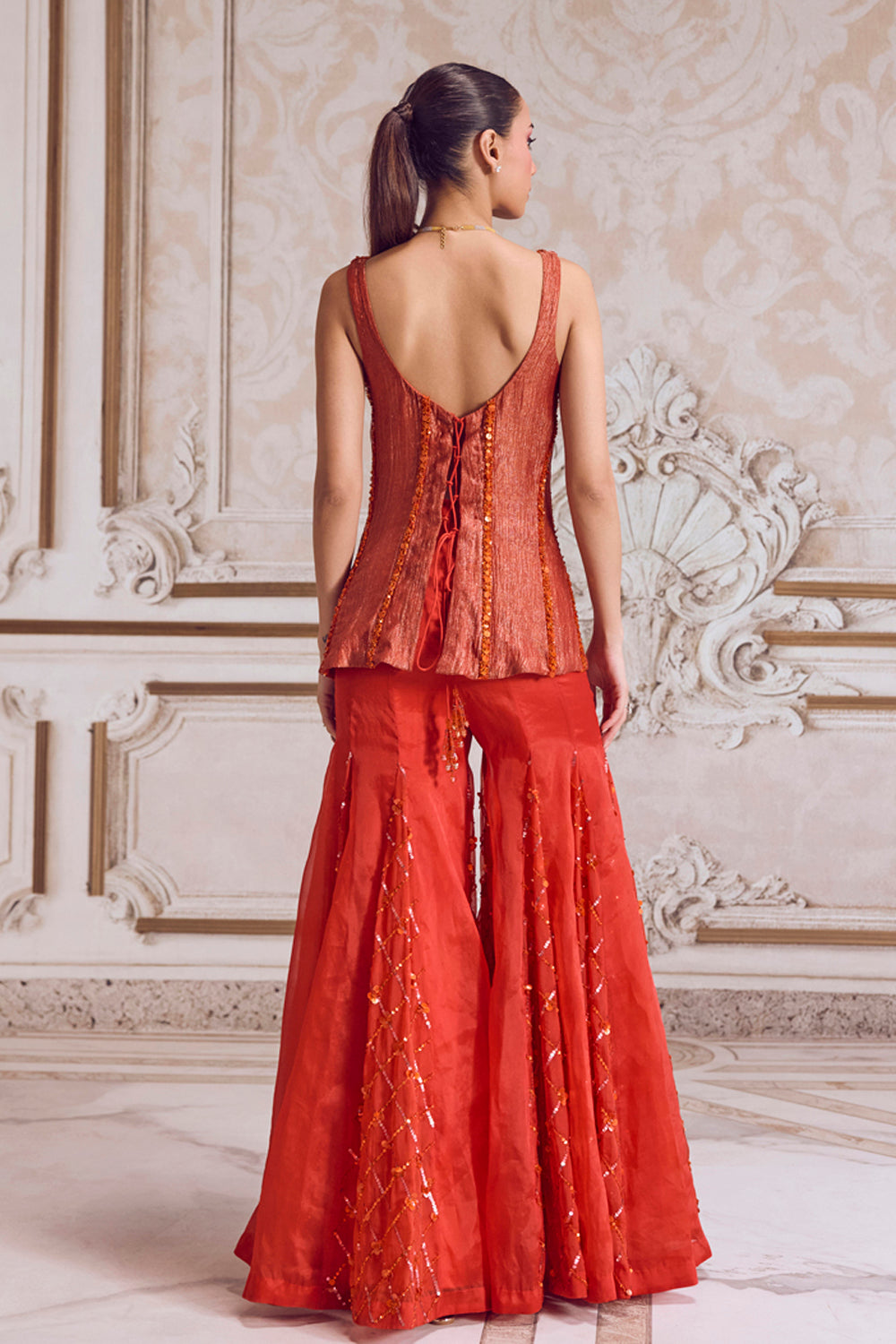 Rust Crushed Tissue Corset With Organza Sharara Set - MARKET