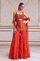 Rust Crushed Tissue Corset With Organza Sharara Set - MARKET