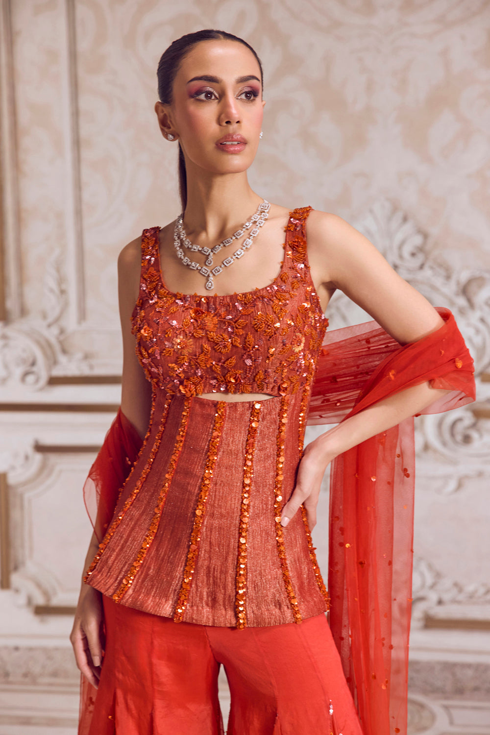 Rust Crushed Tissue Corset With Organza Sharara Set - MARKET