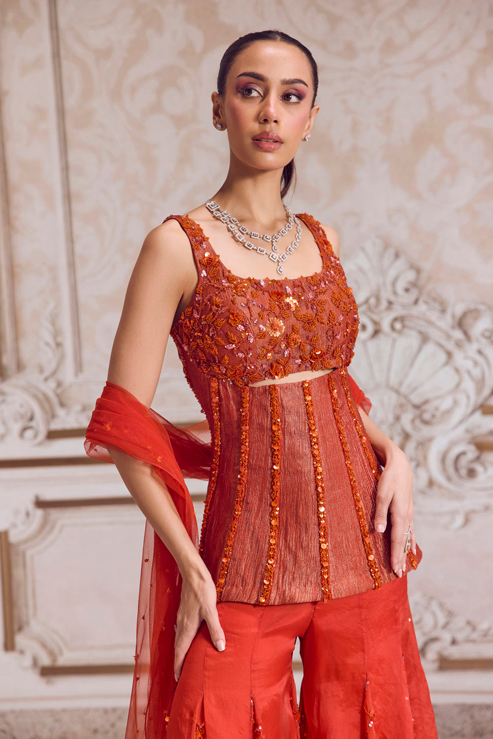 Rust Crushed Tissue Corset With Organza Sharara Set - MARKET