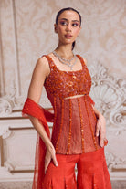 Rust Crushed Tissue Corset With Organza Sharara Set - MARKET
