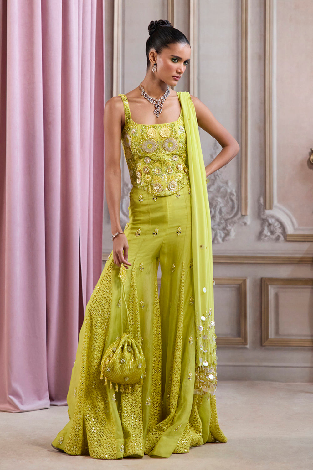Neon Green Corset With Sharara Set - MARKET