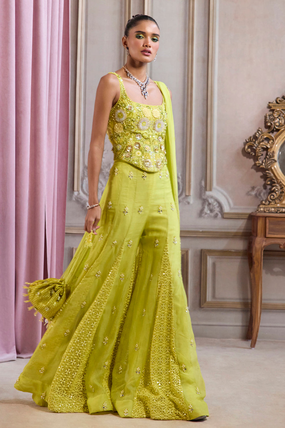 Neon Green Corset With Sharara Set - MARKET