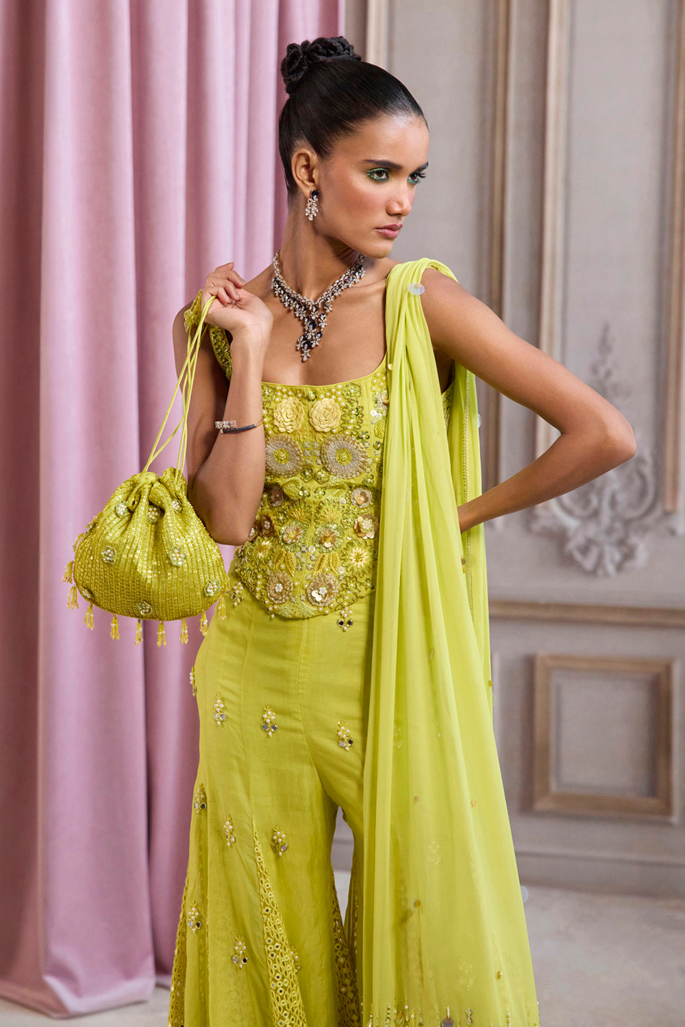 Neon Green Corset With Sharara Set - MARKET
