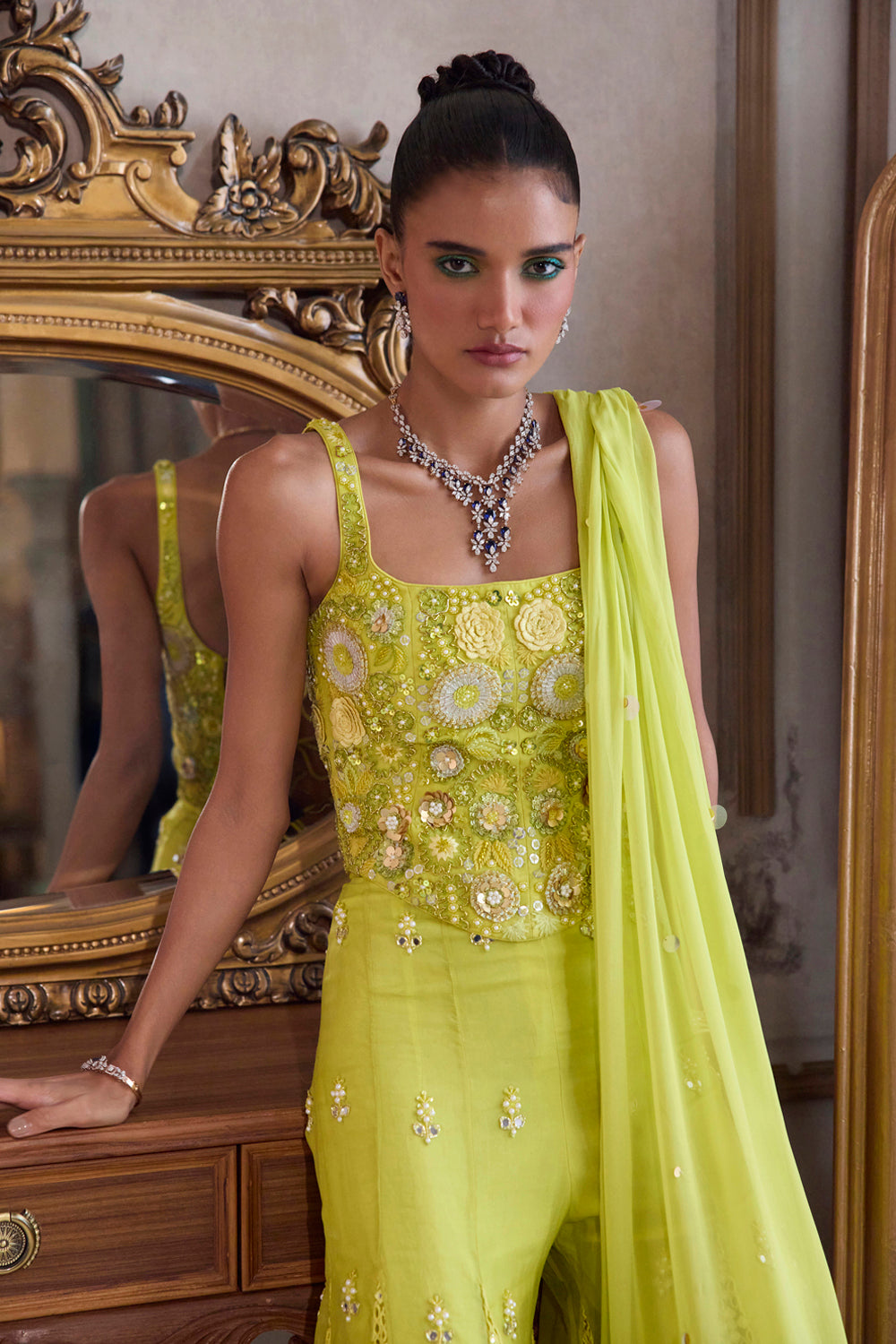 Neon Green Corset With Sharara Set - MARKET