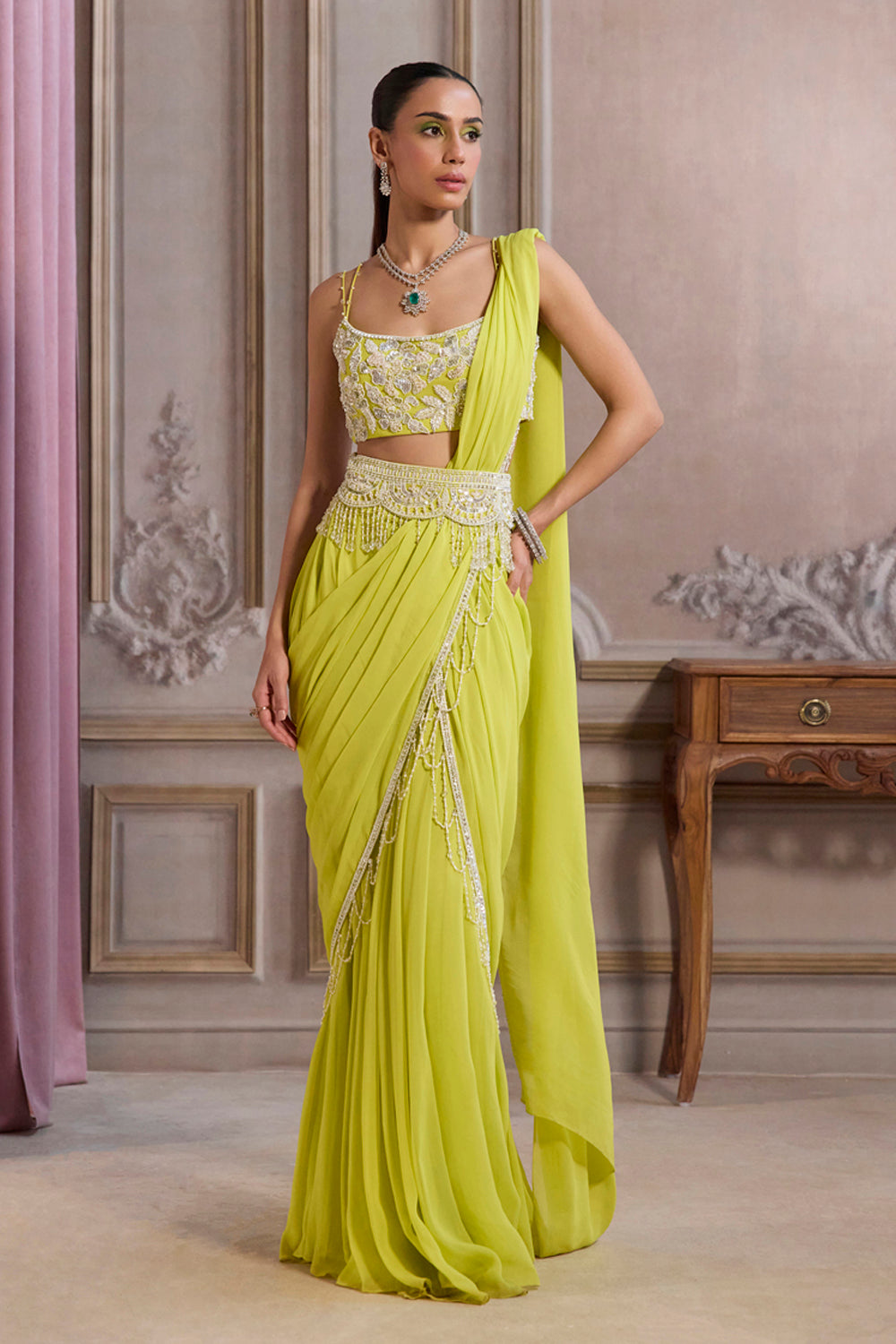 Neon Green Pre-Draped Saree With Bustier and Embroidered Belt - MARKET