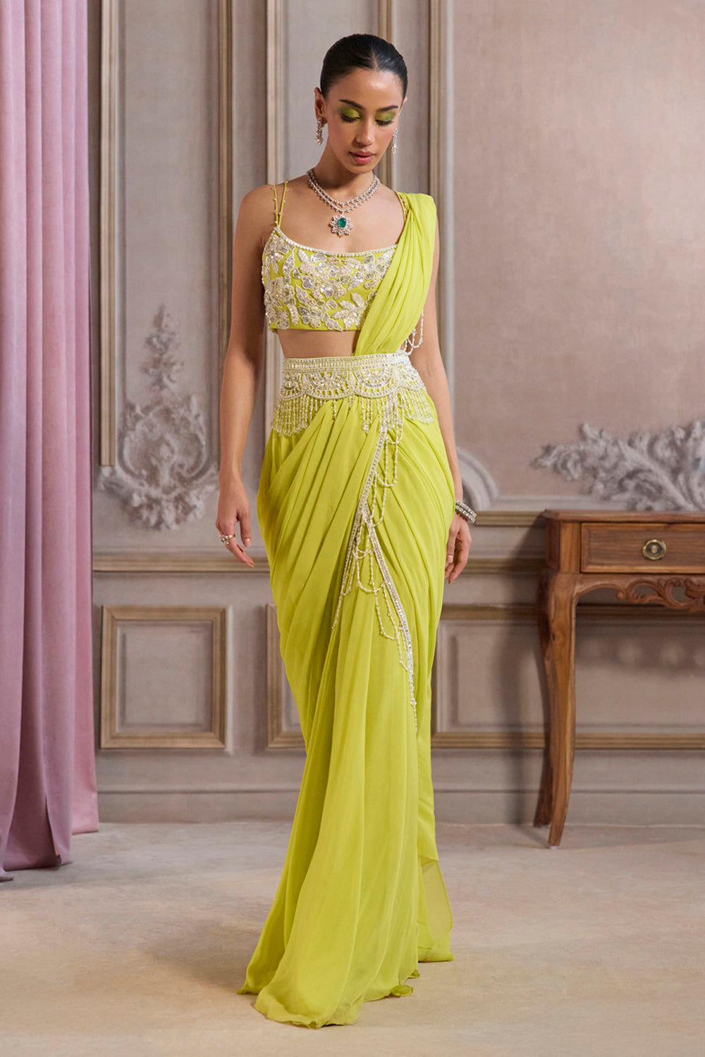 Neon Green Pre-Draped Saree With Bustier and Embroidered Belt - MARKET