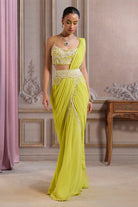 Neon Green Pre-Draped Saree With Bustier and Embroidered Belt - MARKET