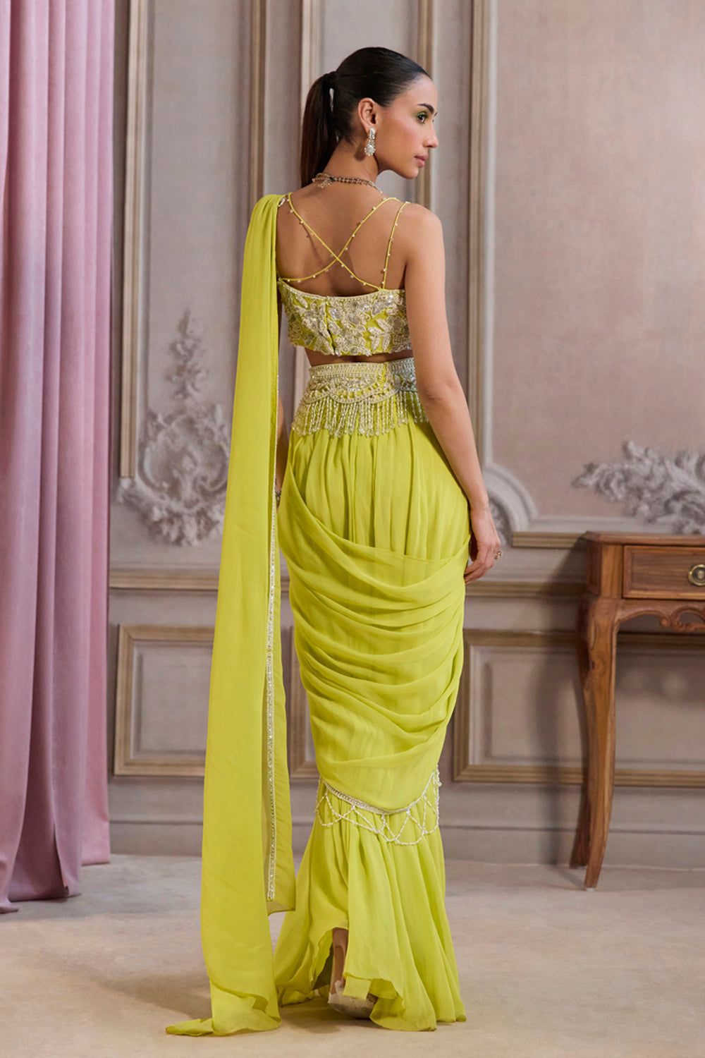 Neon Green Pre-Draped Saree With Bustier and Embroidered Belt - MARKET