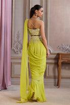 Neon Green Pre-Draped Saree With Bustier and Embroidered Belt - MARKET