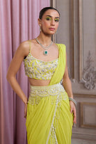 Neon Green Pre-Draped Saree With Bustier and Embroidered Belt - MARKET