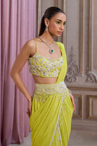 Neon Green Pre-Draped Saree With Bustier and Embroidered Belt - MARKET