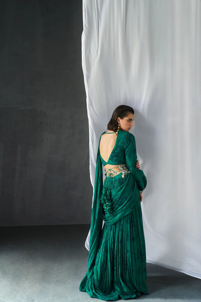 Teal Blossom Palazzo Saree - MARKET