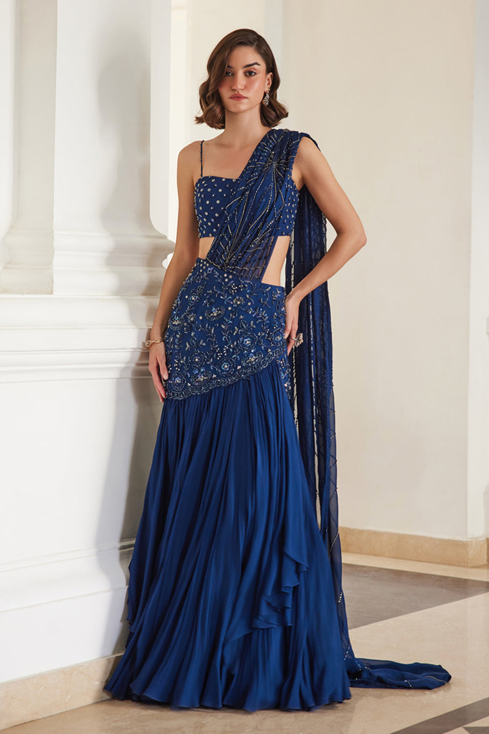 Teal Blue Saree With Bustier - MARKET