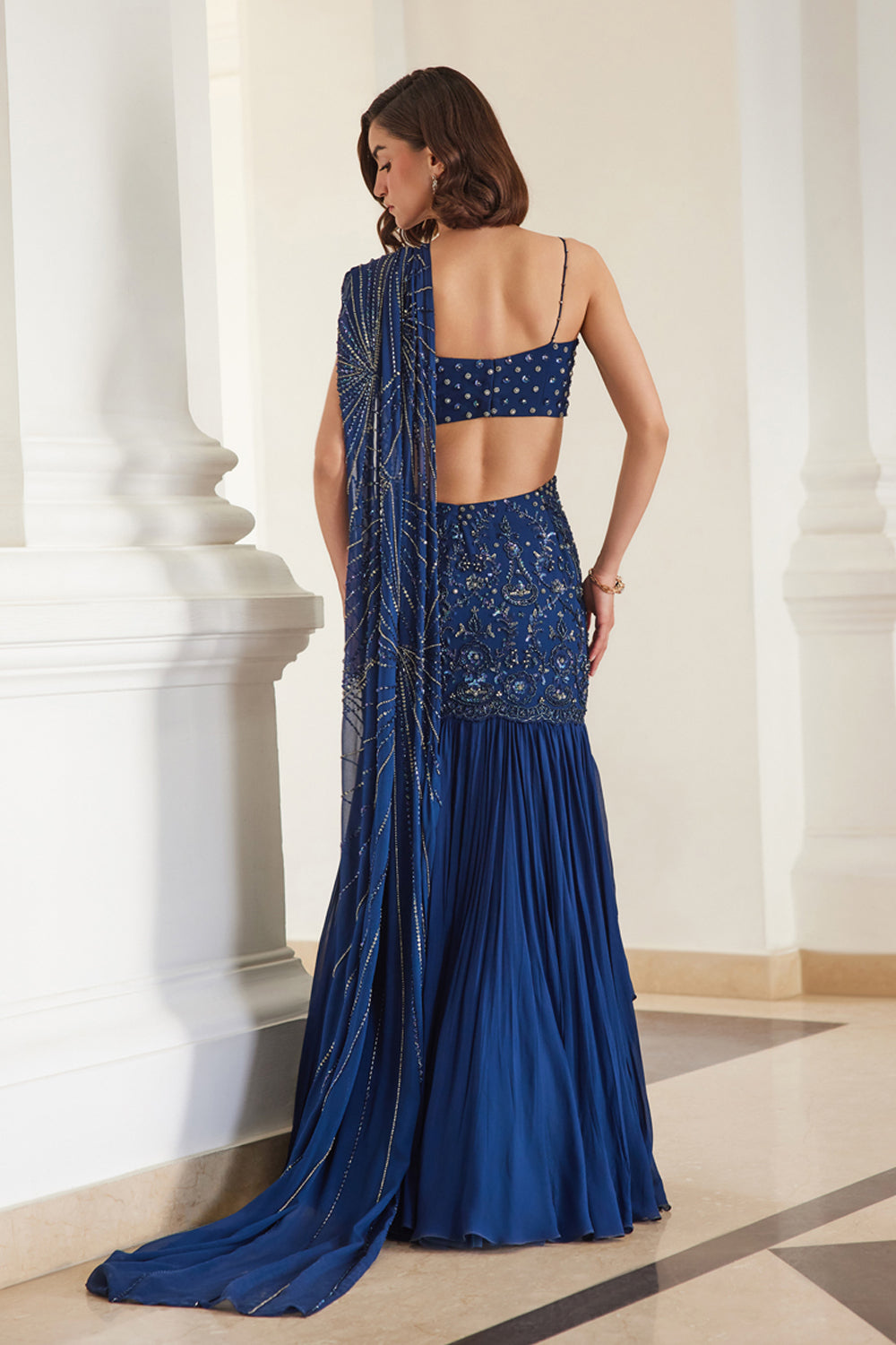 Teal Blue Saree With Bustier - MARKET