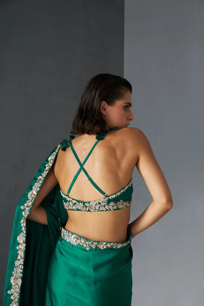 Teal Green Bustier & Saree - MARKET