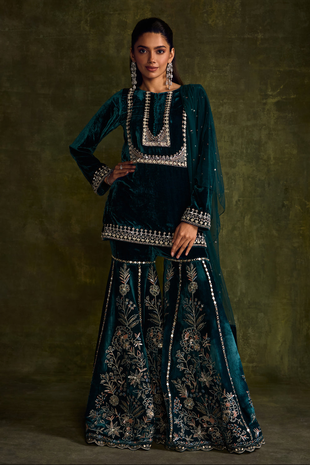 Teal Velvet Sharara Set - MARKET