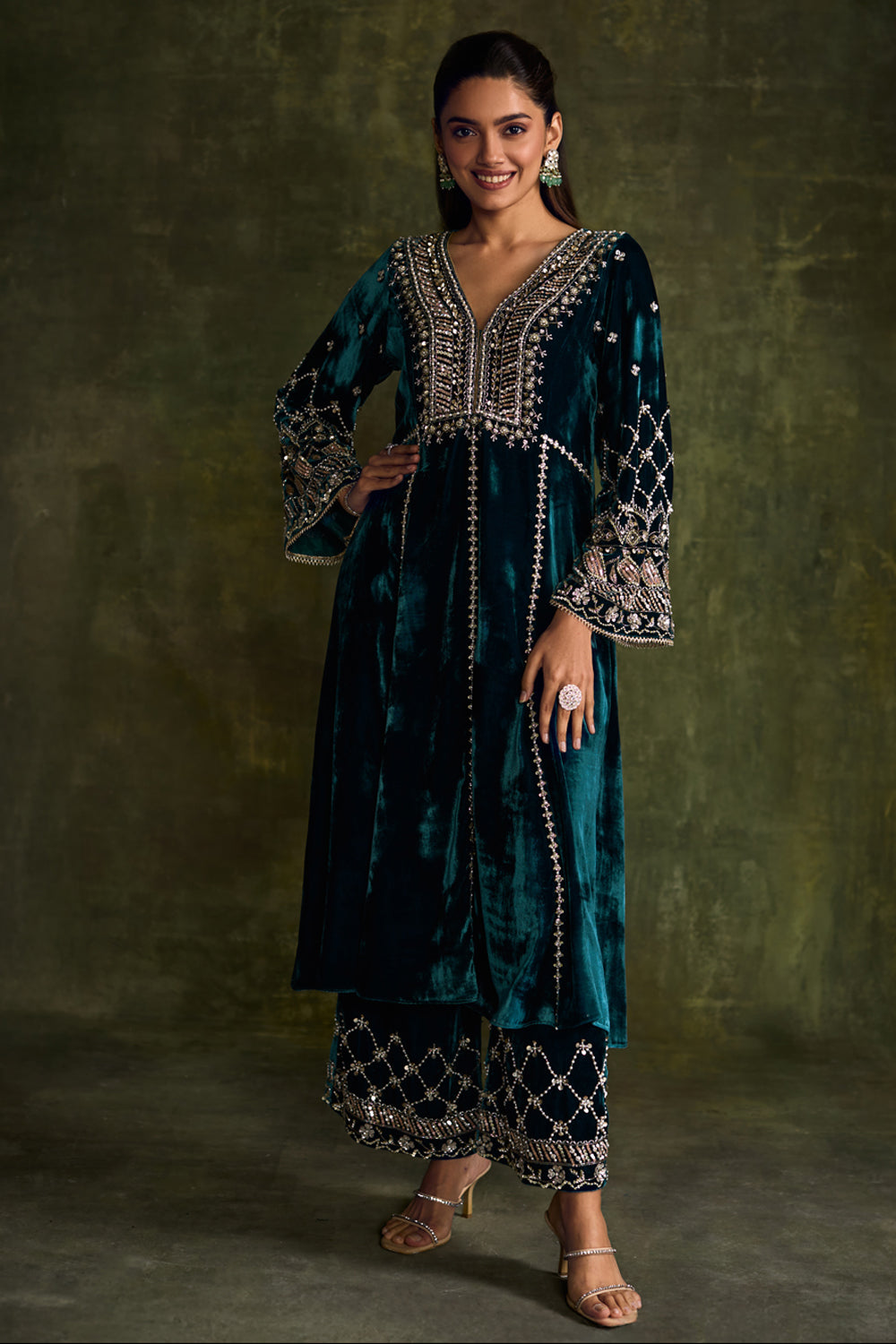 Turquoise 3-Kali Kurta Set - MARKET